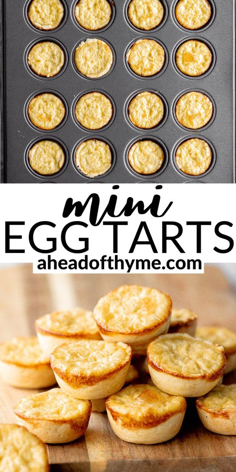 Mini egg tarts with a flaky, buttery crust and a silky smooth, rich egg custard filling are a delicious Hong Kong pastry that might look hard to make but are actually so easy. Enjoy this Asian-style treat for breakfast alongside a hot cup of tea in the morning, as a snack throughout the day, or most typically, as dessert to end an epic Chinese dim sum feast with. | aheadofthyme.com #minieggtarts #eggtarts #hongkongeggtarts #chineseeggtarts #asianeggtart #eggcustardtarts via @aheadofthyme Chinese Egg Tart, Egg Tart Recipe, Chinese Egg, Egg Custard, Pastry Pie, Custard Tart, Egg Tart, Mini Muffin Pan, Custard Filling