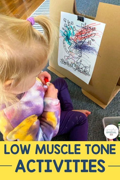 Do you work with students with low muscle tone? If you are a parent, teacher, or occupational therapist working with a child with hypotonia, you are going to want to check out this blog post. I am sharing my favorite low muscle tone activities and products you can use in your occupational therapy sessions or at home. These hypotonia activities and products allow for accommodations and modifications these children need to increase success. These are great for fine motor skills! Learn more Now! Pediatric Occupational Therapy Interventions, Toddler Occupational Therapy Activities, Hypotonia Baby, Pediatric Occupational Therapy Activities, Early Intervention Occupational Therapy, Low Muscle Tone, Sensory Integration Therapy, Occupational Therapy Kids, Occupational Therapy Activities