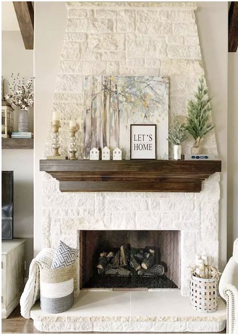 White Brick Fireplace Decor, White Brick Fireplace Ideas, Fireplace Hearth Ideas, Fireplace Hearth Stone, Fireplace Hearth Decor, Brick Fireplace Ideas, Hearth Ideas, White Stone Fireplaces, Hearth Decor