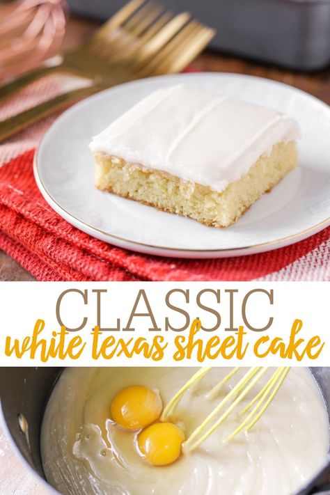 A white version of classic sheet cake! This cake is moist and is topped with an amazing frosting with hints of almond throughout. It also feeds a ton, making it great for parties and get together. #whitetexassheetcake #texassheetcake #dessert #dessertrecipe #cake White Sheet Cakes, White Texas Sheet Cake, Texas Cake, Texas Sheet Cake Recipe, Texas Sheet, Texas Sheet Cake, White Cake Recipe, Chocolate Sheet Cake, Butter Cake Recipe