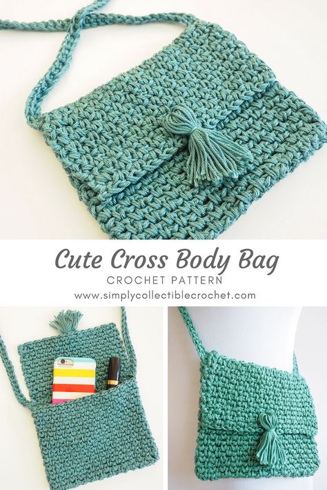 Cute Cross Body Bag Crochet Pattern • Simply Collectible Crochet Worsted Weight Crochet Patterns Free, Crochet Cross Body Bag, Mini Totes, Cross Stitch Crochet, Crochet Shell Stitch, Crochet Bag Pattern Free, Cute Cross, Bag Pattern Free, Crochet Handbags Patterns