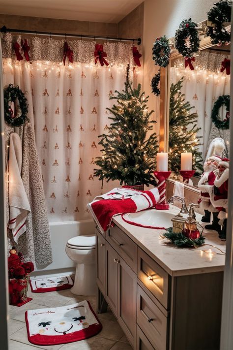 Cute Christmas Bathroom Decor, Red Christmas Bathroom Decor, Christmas Restroom Decor Ideas, Christmas Decor Ideas Maximalist, Vintage Christmas Bathroom, Christmas Toilet Decoration, Bathroom Xmas Decor, Christmas Restroom Decor, Christmas Decor Ideas For Bathroom