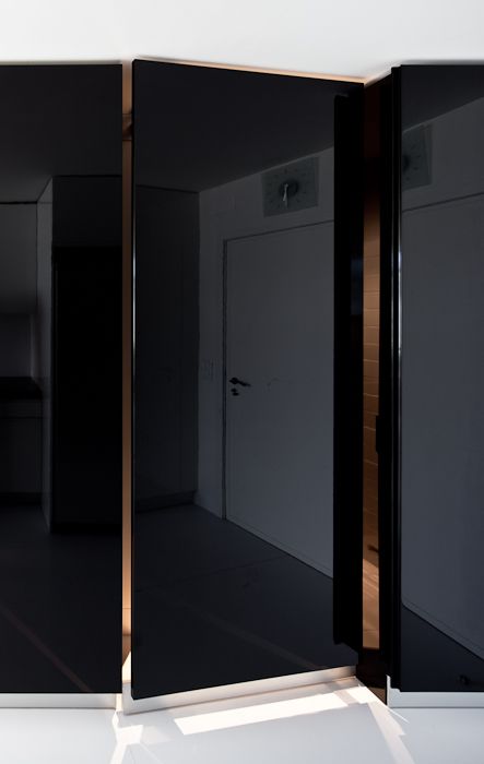 Black Glass Door Bathroom, Black Glass Partition, Mirror Partition Design, Black Glass Door Interiors, Closet With Bathroom, Black Mirror Wall, Black Glass Mirror, Black Glass Wall, Black Glass Cabinet