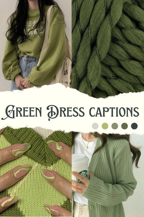 green color , green dress, green outfit, green color captions, green outfit captions, navratri colors Green Outfit Captions, Green Captions For Instagram, Green Color Quotes, Green Dress Aesthetic, All Green Outfit, Outfit Captions, Dress Captions, Dress Quotes, Cute Captions