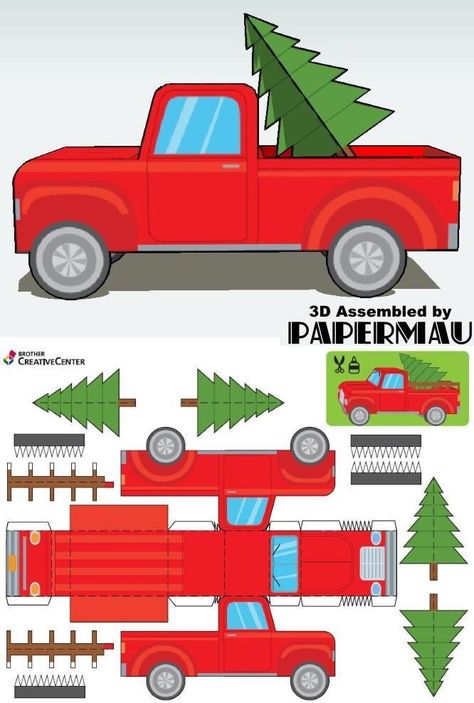 PAPERMAU: Christmas Time - Christmas Tree Delivery Truck Paper Modelby Brother Papercraft Christmas Decorations, Christmas Orderments, Christmas Papercraft, Paper Cars, Christmas Paper Craft, Truck Crafts, Seashell Frame, Christmas Tree Printable, Truck Diy