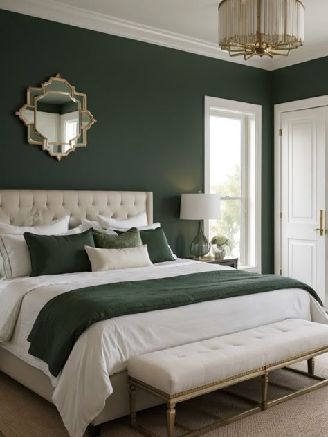 Green And White Bedroom, Dark Green Rooms, Green Accent Wall, Green Bedroom Walls, Green Bedroom Decor, Green Accent Walls, Bedroom Wall Colors, White Bedroom Furniture, Gold Bedroom