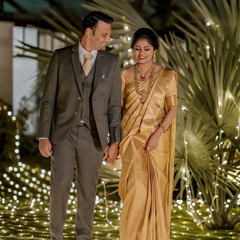 Golden Evening Gown, Saree Bride, Wedding Matching Outfits, Christian Bridal Saree, Gold Saree, Saree Styling, Christian Bride, Engagement Look, Dress Tips