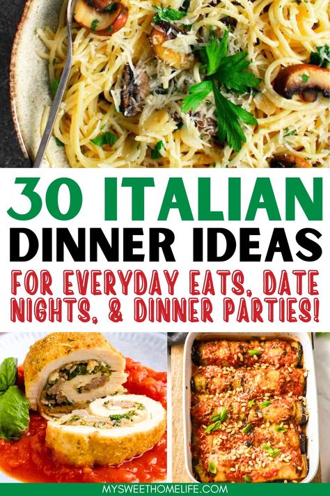 It's amore to Italian cooking! These Italian dinner recipes, with their simplicity, quality ingredients, and rich flavor, will whisk you away to the charming streets of Italy making them perfect for both date night and everyday eats. Sunday Italian Dinner Ideas, Italian Food For Party, Classic Italian Recipes, Italian Buffet Ideas Dinners, Italian Dinner Recipes Authentic, Italian Date Night At Home, Dinner Recipes For Date Night, Italian Sunday Dinner Ideas, Italian Food Party Ideas