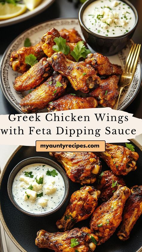 Savor the flavors of the Mediterranean with these Greek chicken wings, paired with a creamy feta dipping sauce. Perfect for parties or as a satisfying appetizer, they’re a delicious and unique twist on traditional wings. Greek Chicken Wings, Traditional Greek Recipes, Party Wings, Creamy Feta, Greek Chicken, Gluten Free Cheese, Wing Recipes, Juicy Chicken, Greek Recipes