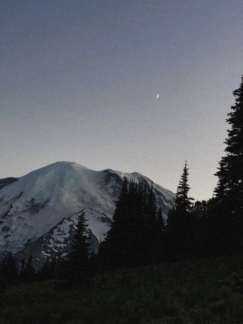 mountain, mountains, mt. rainier, pnw, pacific northwest, sunset, dusk, moon, crescent, cabincore Ramiel Mountain, Mountain And Moon Wallpaper, Moon Mountain Wallpaper, Mountain Range Aesthetic, Moon Over Mountains, Night Aesthetic Mountain, Cloudy Mountain Aesthetic, Mountain Aesthetic, Wildlife Nature