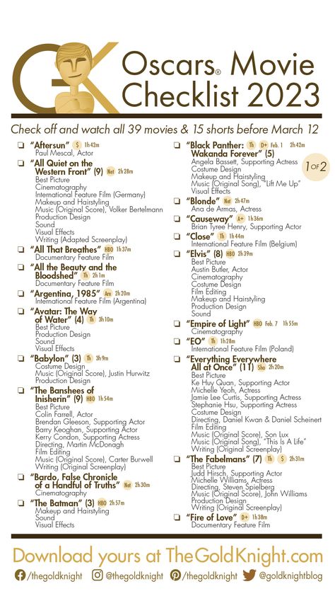 Vertical Oscars Movie checklist with a list of the nominated films Oscar Movies List, Movie Checklist, Gold Knight, Oscar Nominated Movies, Oscars Party Ideas, Oscar Movies, Oscars 2023, Movie Hacks, Netflix Movies To Watch