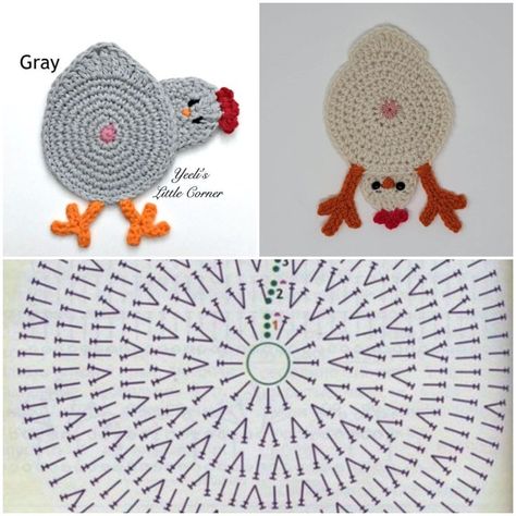 Crochet Chicken Coasters, Chicken Coasters, Crochet Pot Holders Free Pattern, Crochet Bird Patterns, Crochet Placemat Patterns, Easy Crochet Hat, Crochet Table Runner Pattern, Crochet Stitches Guide, Crochet Chicken