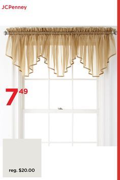 Add simple, elegant style to your window with this solid-colored sheer ascot valance.Gently filters light2" Rod pocket and headerCoordinates with corresponding Lisette treatments (sold separately)Sold individually, three shownCustomer may receive this product in Liz Claiborne or Home Expressions packaging.Order Fabric SwatchesIncluded: 1 Valance(s)Top Construction: Rod PocketFabric Content: 100% PolyesterFabric Description: WovenLining: UnlinedCare: Tumble Dry, Machine WashCurtain Length: 20 In… Yellow Kitchen Curtains, Sheer Valances, Wooden Sofa Set Designs, Stylish Curtains, Sofa Set Designs, Home Design Plan, Renovation Design, Yellow Kitchen, Window Valance