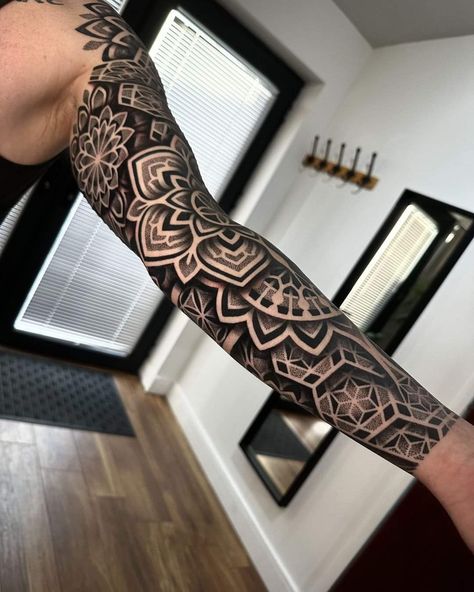 Geometric Tattoo Sleeve, Filler Tattoo Ideas Gap, Filler Tattoo Ideas, Geometric Flower Tattoo, Geometric Tattoo Sleeve Designs, Filler Tattoo, Geometric Mandala Tattoo, Full Arm Tattoos, Elbow Tattoos