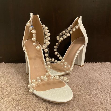 Faux Pearls Decor Chunky Heels Pearl Chunky Heels, Clear Pearl Heels, High Heels With Pearls, Cousins Forever, Heels With Pearls, Pearl High Heels, Pearls Decor, High Pfp, Pearl Heels