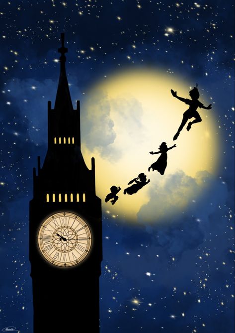 Peter Pan London Skyline, Peter Pan Flying Over London, Peter Pan Lockscreen, Disney Wall Murals Diy, Peter Pan Artwork, Old Disney Drawings, Neverland Art Peter Pan, Peter Pan Background, Peter Pan Movie Poster