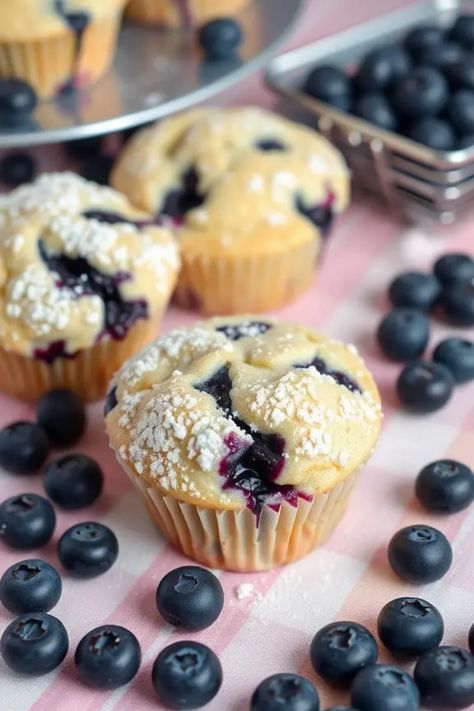 Two blueberry muffins with powdered sugar, surrounded by fresh blueberries on a checkered tablecloth. Cottage Cheese Breakfast Muffins, Cottage Cheese Blueberry Muffins, Blueberry Cottage Cheese, Cottage Cheese Muffins, Cottage Cheese Breakfast, Low Calorie Breakfast, Cheese Breakfast, Cheese Muffins, Fluffy Texture