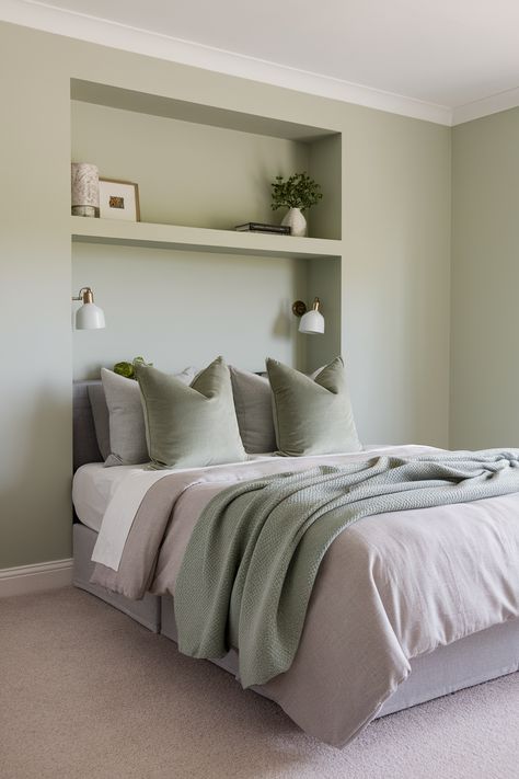 23 Dreamy Sage Green and Grey Bedroom Ideas You'll Fall in Love With Light Sage Bedroom Walls, Sage And Gray Bedroom, Grey And Sage Green Bedroom, Green And Grey Bedroom Ideas, Sage Green And Grey Bedroom, Green And Grey Bedroom, Sage Green And Grey, Bedroom 2025, Striped Accent Wall