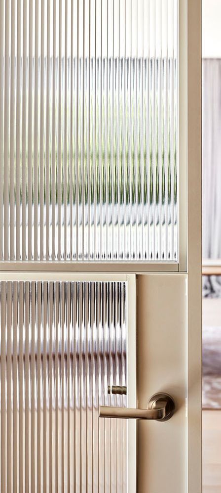 Reeded Glass Window, Reeded Glass Door, Glass Partition Designs, Metal Room Divider, Reeded Glass, Glass Office, Fluted Glass, Glass Partition, Doors And Hardware