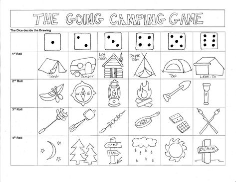 Roll A Dice Drawing Games Art, Roll The Dice Drawing Game, Dice Drawing Art, Dice Drawing Games, Roll And Draw Free Printables, Roll A Dice Drawing Games, Dice Drawing, Art Games For Kids, Games Camping