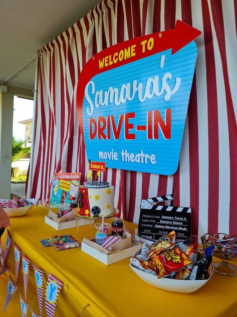 Retro Drive In Movie Party, Drive In Theme Birthday Party, Drive In Theater Party, Drive In Movie Theme Party, Drive In Party Theme, Drive In Movie Decorations, Drive In Movie Theme Birthday Party, Drive In Birthday Party Ideas, Movie Theater Theme Birthday Party