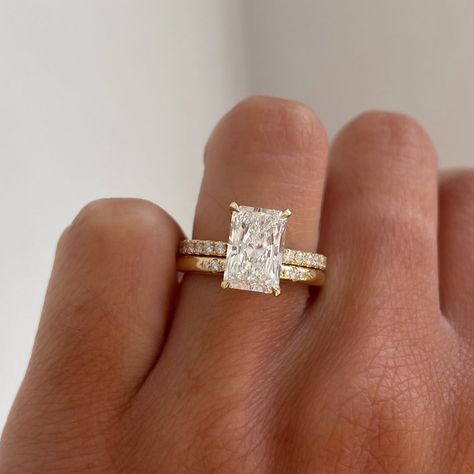 Cullen Jewellery | Custom Engagement Rings | ✨ELLIE - RING SETS✨⁠ ⁠ SWIPE 👉 ⁠ ⁠ A gorgeous Radiant Cut Solitaire with Pave Band paired with:⁠ ⁠ 💜 Arizona Hammer Set Band⁠ 💚… | Instagram Pave Band Engagement Ring, Radiant Cut Diamond Ring, Baguette Band, Radiant Cut Rings, Pretty Engagement Rings, Dream Wedding Ring, Radiant Cut Engagement Rings, Plain Wedding Band, Radiant Engagement Rings