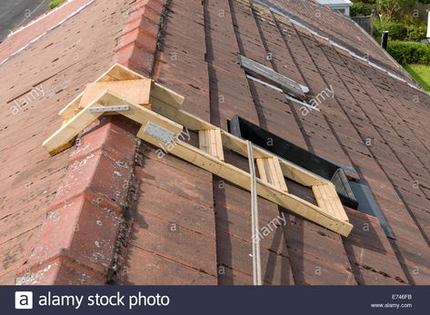 A home made roof step ladder by a skylight window, with safety rope. Droylsden, Tameside, Manchester, England, UK Stock Photo Roof Access Ladder, House Ladder, 10x12 Shed, Diy Roofing, Roof Work, Skylight Window, Roof Ladder, Roof House, Roof Cleaning