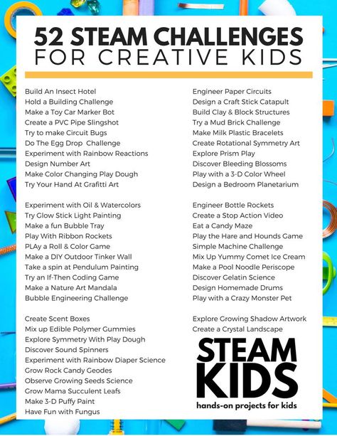 52 Weeks of Amazing STEAM Projects that Will Inspire Your Kids To Create Today Homeschool Unschooling, Steam Kids, Steam Lessons, Steam Challenges, Engineering Art, Steam Ideas, Stem Lab, Steam Projects, Stem Classroom