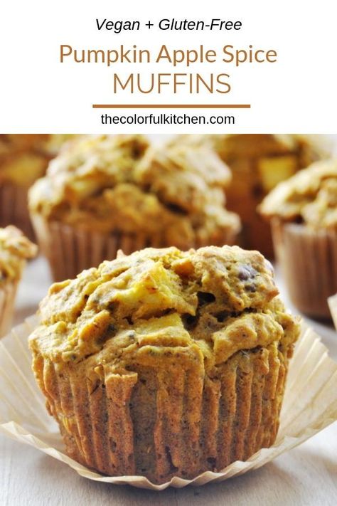 Pumpkin Apple Spice Muffins | Vegan + Gluten-Free recipe | The Colorful Kitchen #thecolorfulkitchen #vegan #glutenfree #pumpkinrecipes #muffins #veganmuffins #glutenfreemuffins Easy Pumpkin Spice Muffins, Apple Spice Muffins, Chia Recipes, Recipe For Fall, Muffins Vegan, Pumpkin Recipes Healthy, Mixer Recipes, Spice Muffins, Pumpkin Spice Muffins