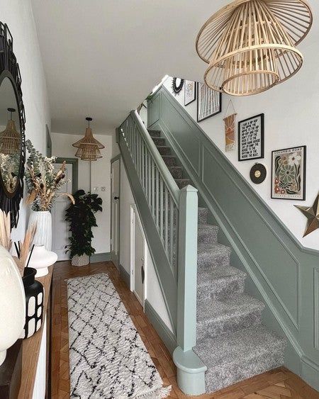 Right guys, I am soooo close to taking the carpet off the stairs and painting the stairs green while I find the perfect stair runner, what do we think?  #panelling #panellingwalls #hallway #hallwaydecor #hallwayinspo #hallwaydesign #hallwaystyle #mygorgeousgaff #farrowandball #cardroomgreen #entrance #bohointeriors #entrancedecor #howihome #parquet #parquetfloor #parquetflooring #homestylinginspo #howinome #cornerofmyhome #gallerywall Hallway Stairs And Landing, Card Room Green, Hall Ways Ideas, Stairs And Hallway Ideas, Green Hallway Ideas, Farrow Bal, Card Room, Hallway Colours, Green Hallway