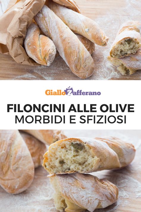 I FILONCINI ALLE OLIVE sono uno sfizioso pane di forma allungata, croccante fuori e morbido dentro, arricchito con olive verdi denocciolate. Perfetti da gustare per una pausa golosa o per arricchire il tvolo del buffet! #giallozafferano #pane #bread #homemade #olive [Homemade bread with olives] Bread With Olives, Pane Alle Olive, Impasto Pizza, Focaccia Pizza, Italian Cuisine Recipe, Pizza Bianca, Bread Homemade, Pizza Bread, Bread Rolls