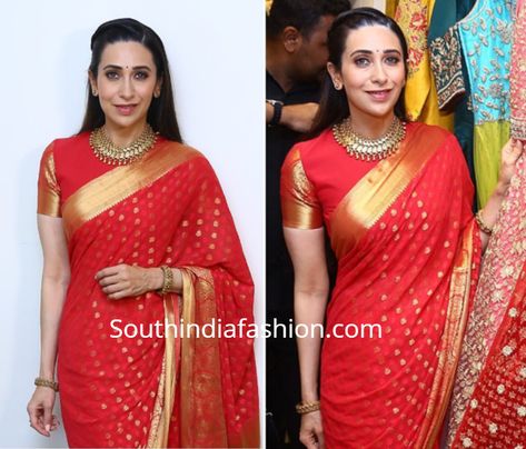 Karisma Kapoor in a red Banarasi georgette saree Banarasi Georgette Saree, Pin Straight Hair, South Indian Bride Saree, Banaras Sarees, Blouse Designs High Neck, Karisma Kapoor, Fashion Indian, Latest Designer Sarees, Indian Bridal Dress