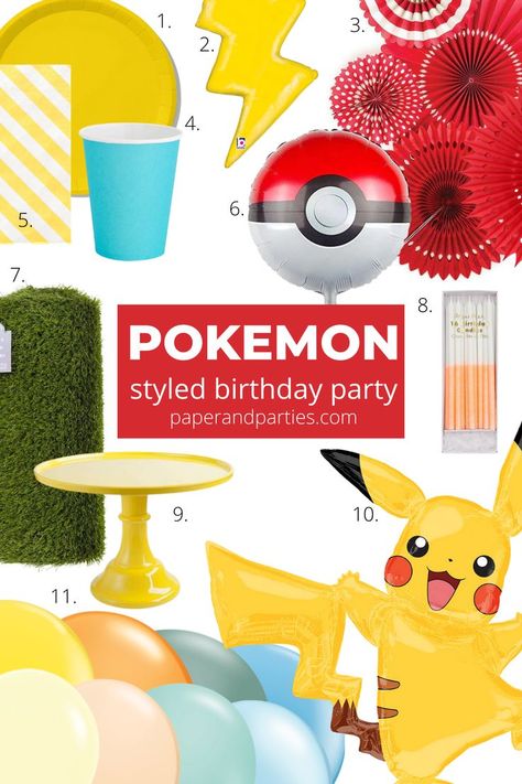 Easy guide to throwing a aesthetically pleasing Boho pokemon party Pikachu Party, Pokemon Themed Party, Kids Party Ideas, Pokémon Party, Pokemon Birthday Party, Faux Grass, Video Game Party, Pokemon Theme, Birthday Themes For Boys