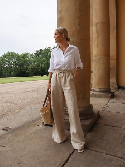 Wide Long Pants Outfit, Khaki Linen Pants Outfit, Pallazo Pants Outfit, Palazzo Pants Outfit Casual, Pant Outfit Ideas, Hijab Summer Outfits, Khaki Linen Pants, Long Summer Pants, Linen Shirt Outfit