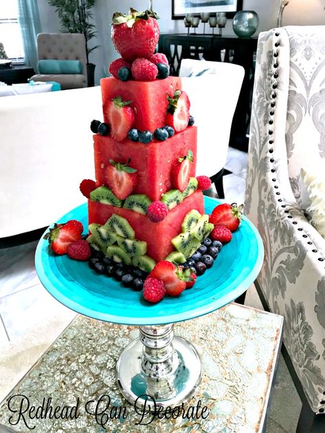 This DIY watermelon cake is made easily with seedless watermelons and fresh berries and kiwi.  There is a full tutorial and more fantastic photos! Fruit Tower Cake, Fruit Tower, Fruit Birthday Cake, Fruit Buffet, Fresh Fruit Cake, Fruit Creations, Fruit Platter Designs, Fruit Birthday, Watermelon Cake