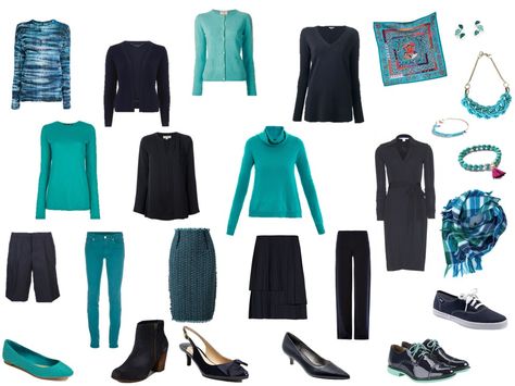 a navy and turquoise capsule or travel wardrobe; 13 pieces, plus accessories Color Wardrobe, Capsule Style, Navy And Turquoise, Turquoise Clothes, Project 333, The Vivienne Files, Vivienne Files, Long Tee Shirts, Core Wardrobe