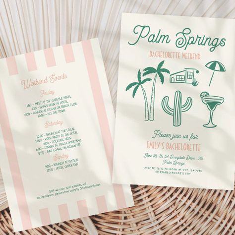 Handdrawn Palm Springs Pink Bachelorette Weekend Invitation Vintage Palm Springs Bachelorette, Palm Springs Inspired Branding, Palms And Prosecco Bachelorette, Bachelorette Party Ideas Palm Springs, Palm Springs Invitation, Bachelorette Party Themes Palm Springs, Kauai Bachelorette, Palm Springs Birthday Theme, Palm Springs Bachelorette Itinerary