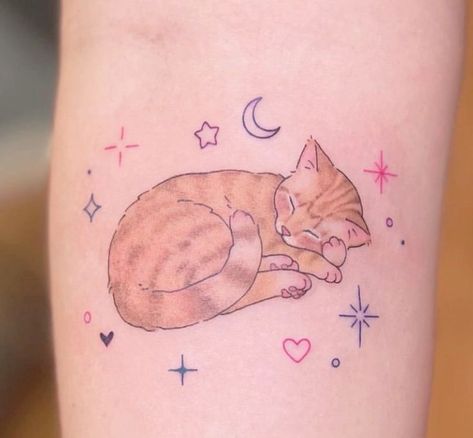 Full Body Cat Tattoo, Cat And Stars Tattoo, Cute Cat Tattoo Simple, Tattoo Ideas For Men Symbols, Small Tattoos Hand, Hand Tattoo Ideas For Men, Minimalist Cat Tattoo, Tattoo Dainty, Cat Outline Tattoo