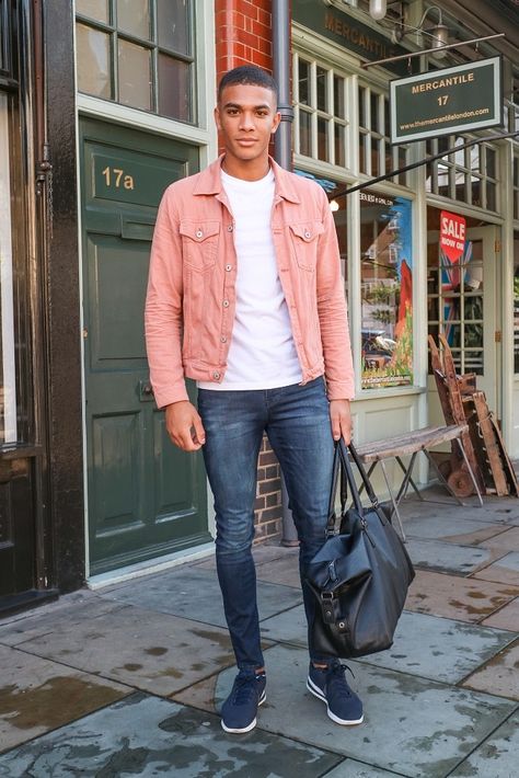 We spot Addis on the streets of East London wearing this striking pink denim jacket. How To Style Pink Denim Jacket, Casual Pink Denim Jacket For Winter, Trendy Fitted Pink Denim Jacket, Pink Denim Jacket For Streetwear, Pink Button-up Cotton Denim Jacket, Pink Denim Jacket, Denim Jacket Fashion, Pink Men, Men Model