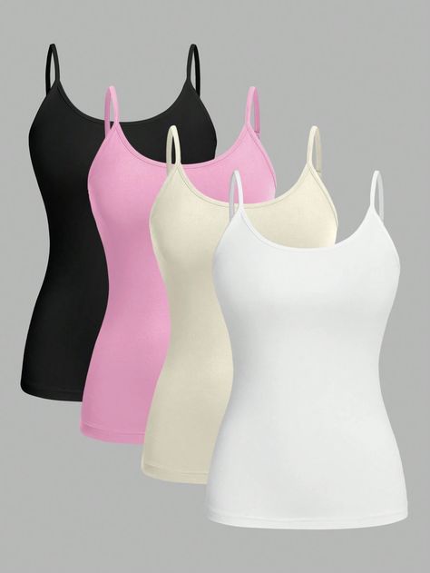 SHEIN EZwear 4pcs Casual & Simple Style Camisole Tank Tops For Women, SummerI discovered amazing products on SHEIN.com, come check them out! Tops For Women Summer, Teen Clothes, Baddie Tips, Womens Camisoles, Shein Outfits, Arte Popular, Tank Top Camisole, Teenage Fashion Outfits, Tank Top Cami