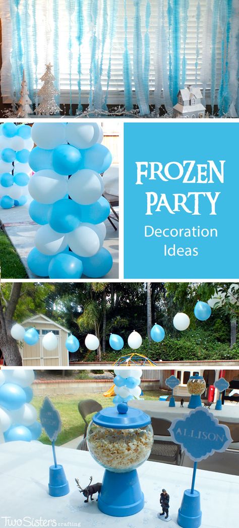 Disney Frozen Party Decoration Ideas - Two Sisters Crafting Frozen Party Outdoor, Frozen Birthday Party Decorations Outdoor, Birthday Party Decorations Outdoor, Ruffled Streamers, Centerpieces Balloons, Party Decorations Outdoor, Frozen Centerpieces, Frozen Balloons, Frozen Birthday Party Decorations