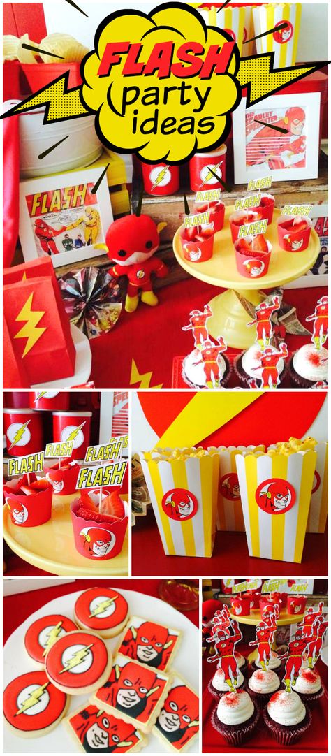 What a fun superhero party featuring The Flash! See more party ideas at CatchMyParty.com! Dc Party Ideas, Dc Birthday Party Ideas, Flash Birthday Party Food Ideas, Flash Superhero Birthday, Flash Themed Birthday Party, Flash Party Decorations, Flash Party Ideas, Flash Party Favors, Dc Comics Birthday Party Ideas