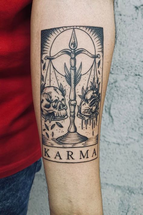 Karma tarot card. Done by Preetham at Aliens Tattoo Studio, Bengaluru, IN. : tattoos Tarot Patchwork Tattoo, Realism Tarot Card Tattoo, Life Tarot Card Tattoo, Tara Cards Tattoo, Karma Tarot Card Tattoo Design, Tarot Card Tattoo Karma, Skeleton Tarot Card Tattoo, Skull Tarot Card Tattoo, Tarpt Card Tattoo