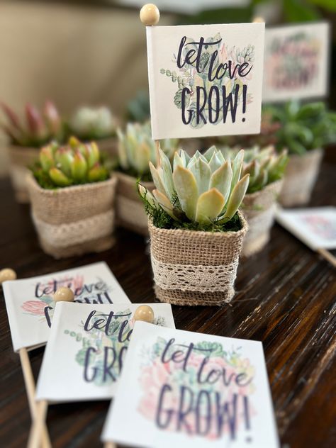 Give the perfect sentiment at your wedding or bridal shower with these charming flag tags. Featuring succulent-inspired florals and witty love and plant puns, they bring a delightful, literary touch to your small favors or treats. Customize them with the couple's names (or the bride's name for a shower) and the date for a personal touch. Make your celebration extra special with these elegant, exclusive tags. The tags are also food safe and can be used in cupcakes and treats. ******************** Tags For Wedding Favors, Succulent Theme, Plant Puns, Let Love Grow, Garden Bridal Showers, School Auction, Spring Bridal Shower, Bridal Favors, Pioneer Gifts