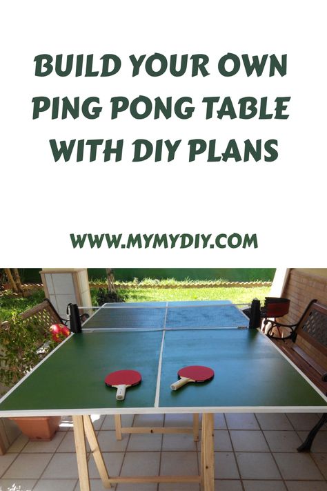 Build your own ping pong table using DIY plans, with website link www.mymydiy.com. Ping Pong Table Painted, Diy Ping Pong Table, Ping Pong Table Top, Outdoor Ping Pong Table, Garden Spade, Ping Pong Tables, Free Plans, Painted Table, Table Plans