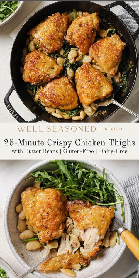 Rich and deeply flavored with impossibly crispy skin, my Pan-Seared Chicken Thighs with Butter Beans are tender, juicy, and on the table in just 25 minutes! Add a full bag of fresh baby spinach to pack in those veggies, then marvel at how simple meals truly are the best. Naturally gluten-free, dairy-free, and so nutritious. #wellseasonedstudio #chicken #chickenthighs #butterbeans Pan Seared Chicken Thighs, Butter Bean Soup, Lemon Chicken Thighs, Crispy Chicken Thighs, Perfect Roast Chicken, Canned Butter, Seared Chicken, Pan Seared Chicken, Roasted Chicken Thighs