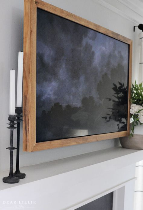 Making A Frame For Tv, Canvas Over Tv, Frame Behind Tv, Diy Television Frame, Framed Flat Screen Tv, Lamp Under Tv, Tv Shadow Box Frame, Building A Tv Frame, Fireplace Tv Wall Hidden Storage