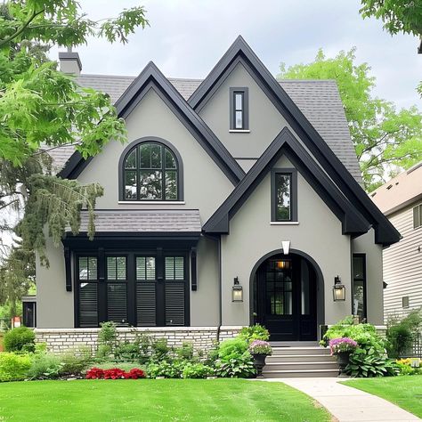 gray_house_with_black_trim 14 Gray Houses With Black Trim, Gray House With Black Trim, Grey Stucco House Exterior, Houses With Black Trim, Black Trim Exterior House, Gray Houses, Dark Grey Houses, Wm Logo, Home Exterior Design Ideas