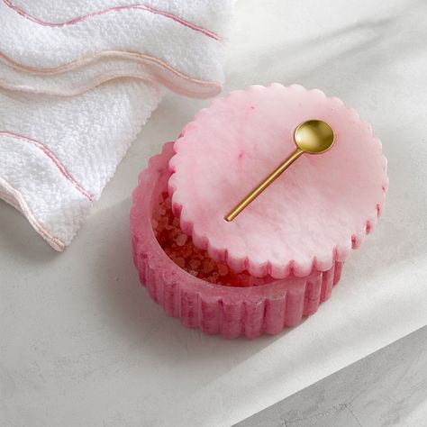 Designed in collaboration with Shopbop. Brighten up your bath and create the ultimate at-home spa experience with our Wavy Salt Cellar. Made from dyed alabaster, this playful pink salt cellar features scalloped details inspired by vibrant 90s colorways and Danish Scandi style pastels. Complete with a gold-plated stainless steel spoon, which fits perfectly inside the top lid, this set makes it easy to upgrade your warm bath with your favorite mineral salts. Salt Cellar With Lid, Pink Kitchen Accessories, Salt Container, Furbish Studio, Erin Gates, Beach Chair Umbrella, Coverlet Bedding, Salt Cellar, Beach Shop