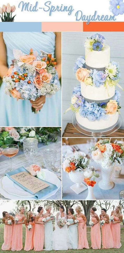 Pale Blue Wedding, Wedding Color Schemes Spring, Peach Bridesmaid, Peach Bridesmaid Dresses, Wedding Color Combinations, Bright Wedding Flowers, How To Dress For A Wedding, Summer Wedding Decorations, Spring Wedding Decorations